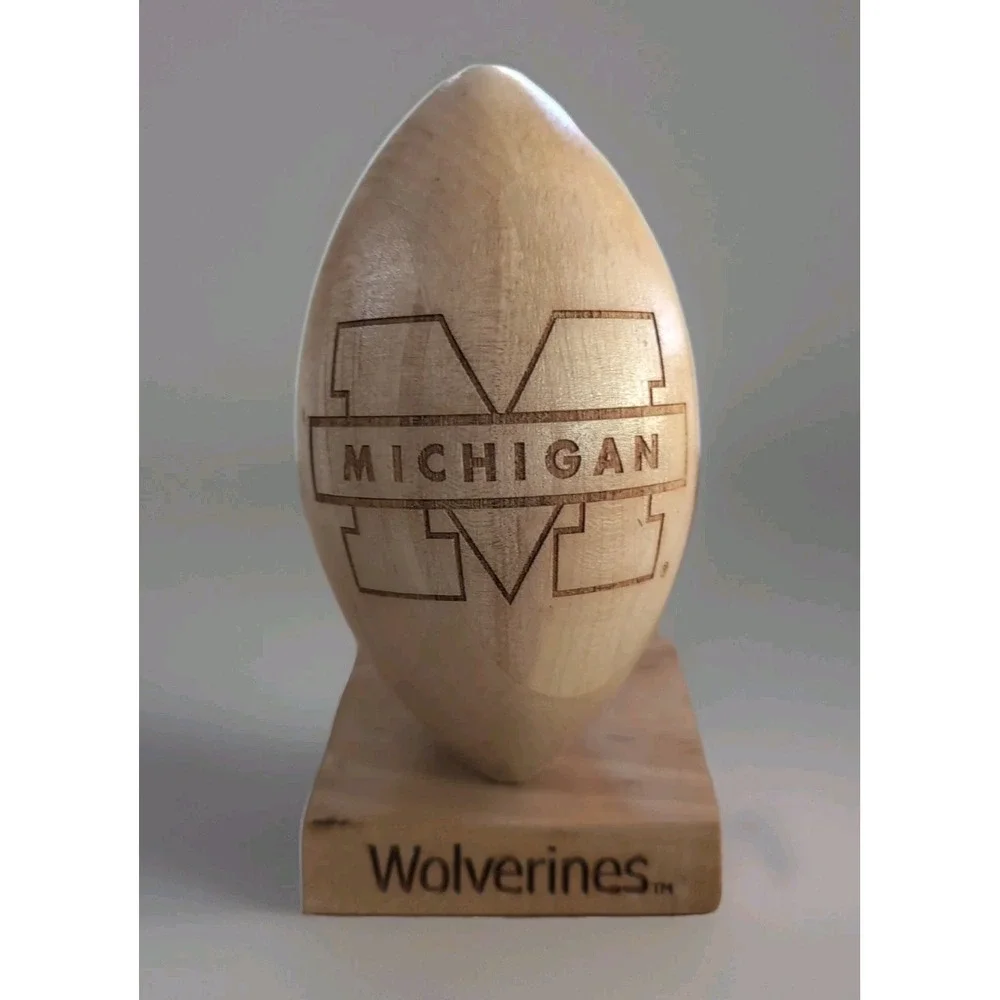 GRID WORKS MICHIGAN WOLVERINES‎ LASER ENGRAVED WOOD FOOTBALL ON  STAND  8
